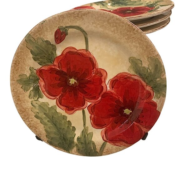 Maxcera "Poppies" Floral Round Hand Painted 8” Plates Set of 4 Décor/Dinnerware - Picture 12 of 12